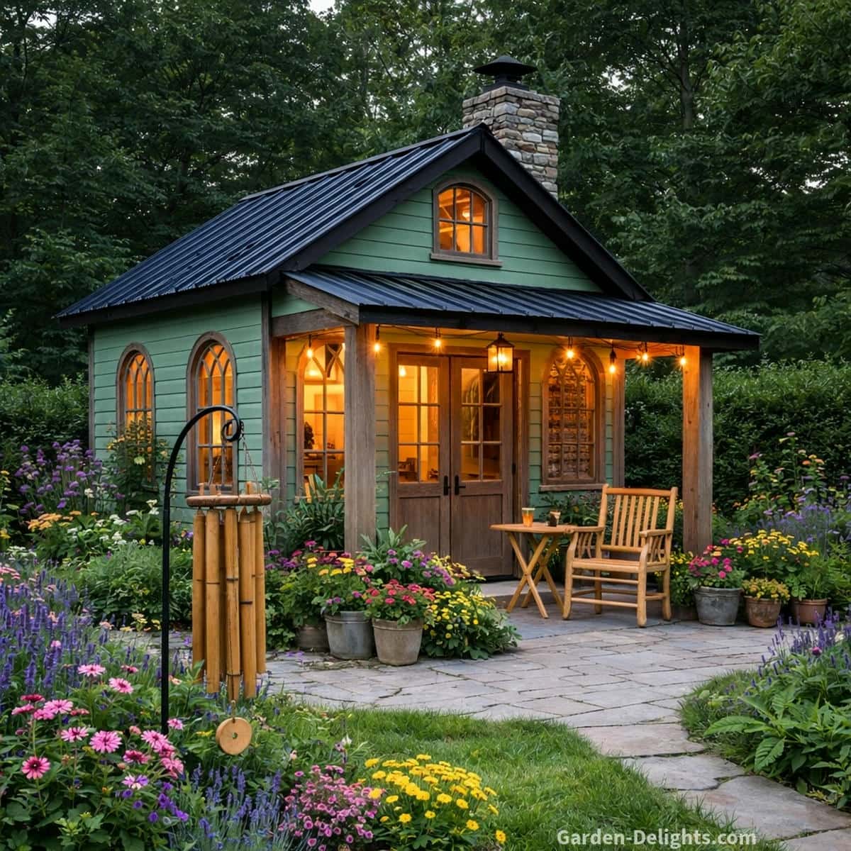 Bamboo garden wind chimes hanging from a decorative shepherd’s hook beside a sage green garden shed with a black metal roof warm lantern glow a bamboo chair and small table with a drink surrounded by colorful flowers gentle airflow and soft evening movement creating emotional calm spiritual balance and peaceful outdoor reflection