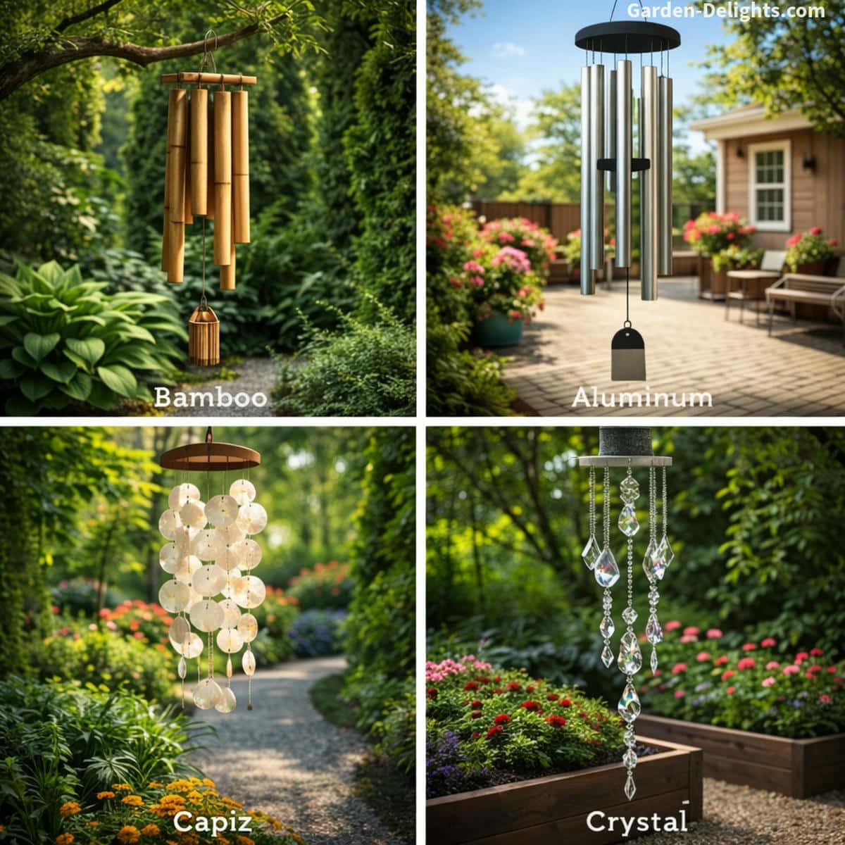 Bamboo aluminum capiz and crystal wind chimes displayed in open patios shaded garden beds and breezy pathways to show tone pitch resonance and airflow movement