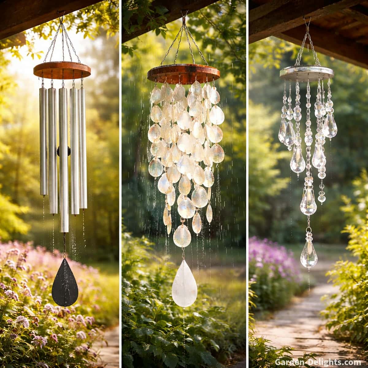 Three outdoor wind chimes displayed in different weather scenes showing aluminum in bright sunlight, capiz in gentle rainfall, and crystal in soft shaded light to illustrate durability, weather behavior, and tone clarity in real garden conditions.