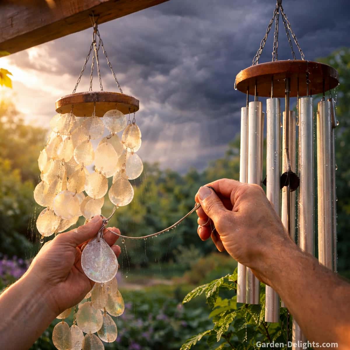 Hands removing a capiz wind chime before an incoming storm while checking knots and cords on an aluminum chime near a pergola, showing seasonal protection, hardware inspection, and sun to shade rotation for long lasting outdoor wind chime durability.