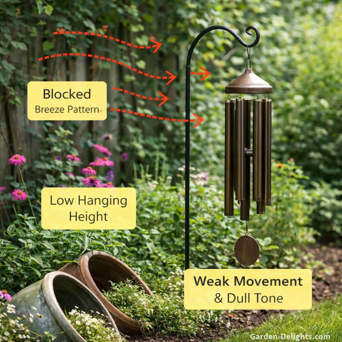 Garden wind chime placed in quiet airflow showing blocked breeze patterns and low hanging height that cause weak movement and dull tone in outdoor settings
