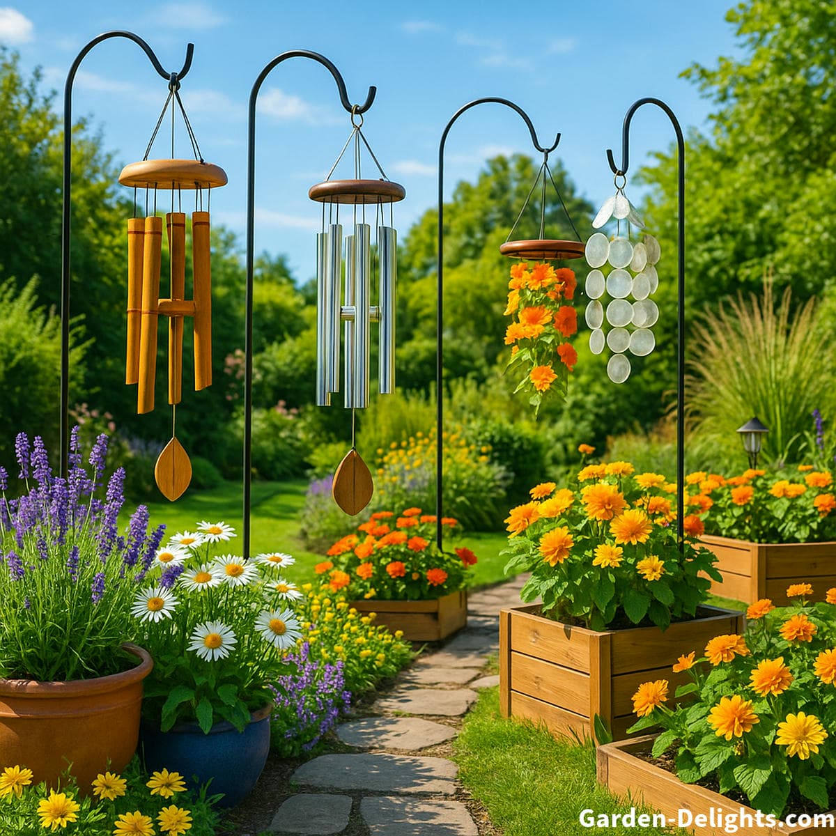 Decorative garden wind chimes hanging above vibrant flower beds and large planters in a landscaped backyard with bamboo aluminum and capiz chimes moving gently in warm sunlight to enhance outdoor décor with calm sound and natural beauty.