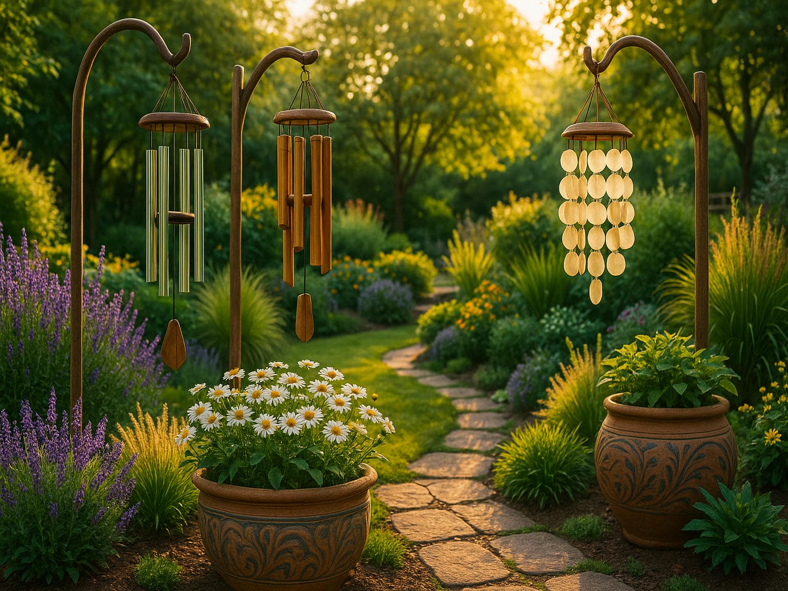 Decorative garden wind chimes swaying gently above blooming flower beds and large ceramic planters enhancing backyard landscaping with soothing sound and natural elegance.