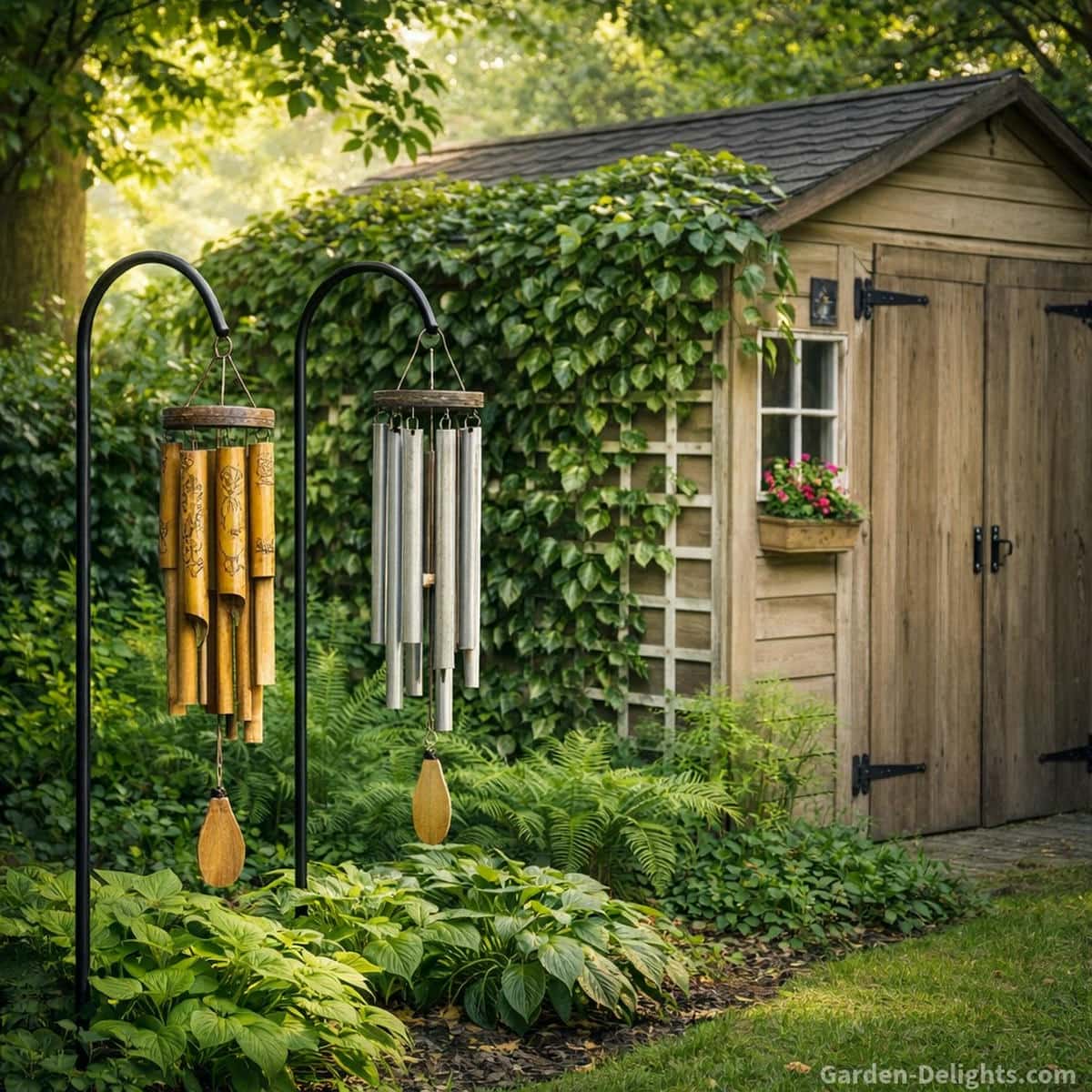 Bamboo and aluminum wind chimes hanging from shepherds hooks beside an ivy covered light brown garden shed with soft morning light gentle airflow and calm outdoor tone movement