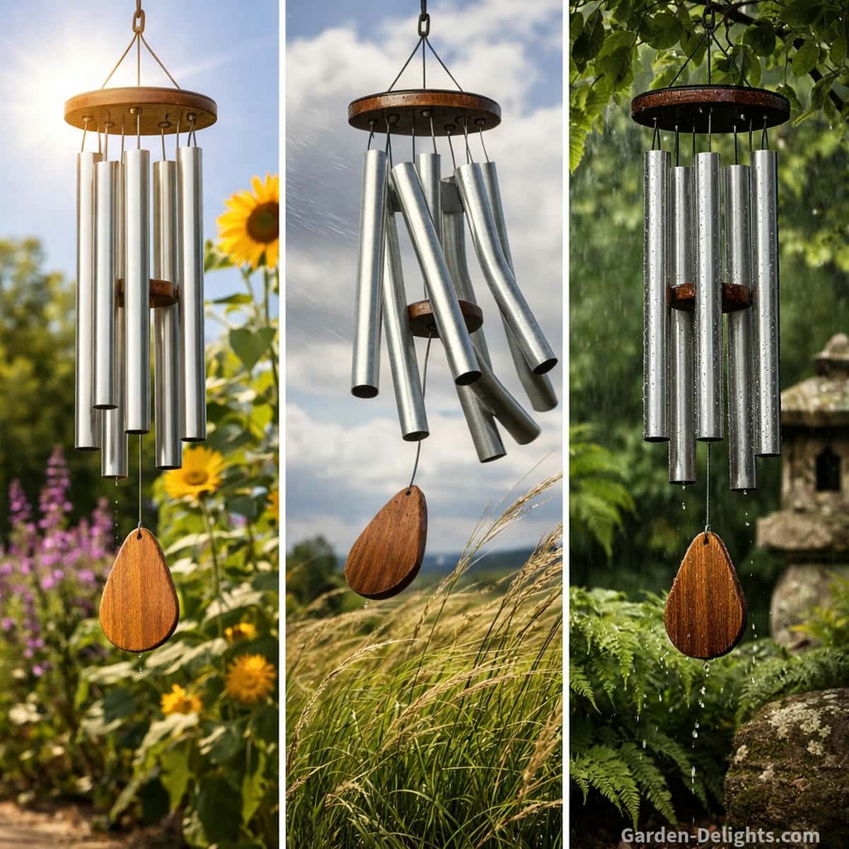 Wind chimes placed in sunny breezy and shaded garden microclimates showing tone behavior airflow movement and outdoor durability across different weather conditions