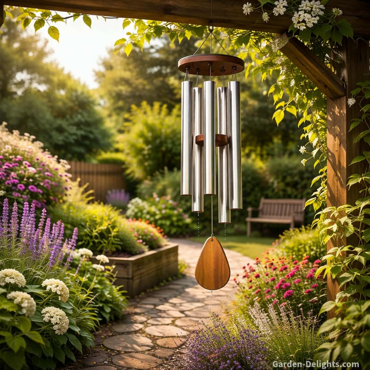 Wind chimes beside a pergola with foliage shaping airflow, sound reflection and gentle melodic patterns through a landscaped garden.