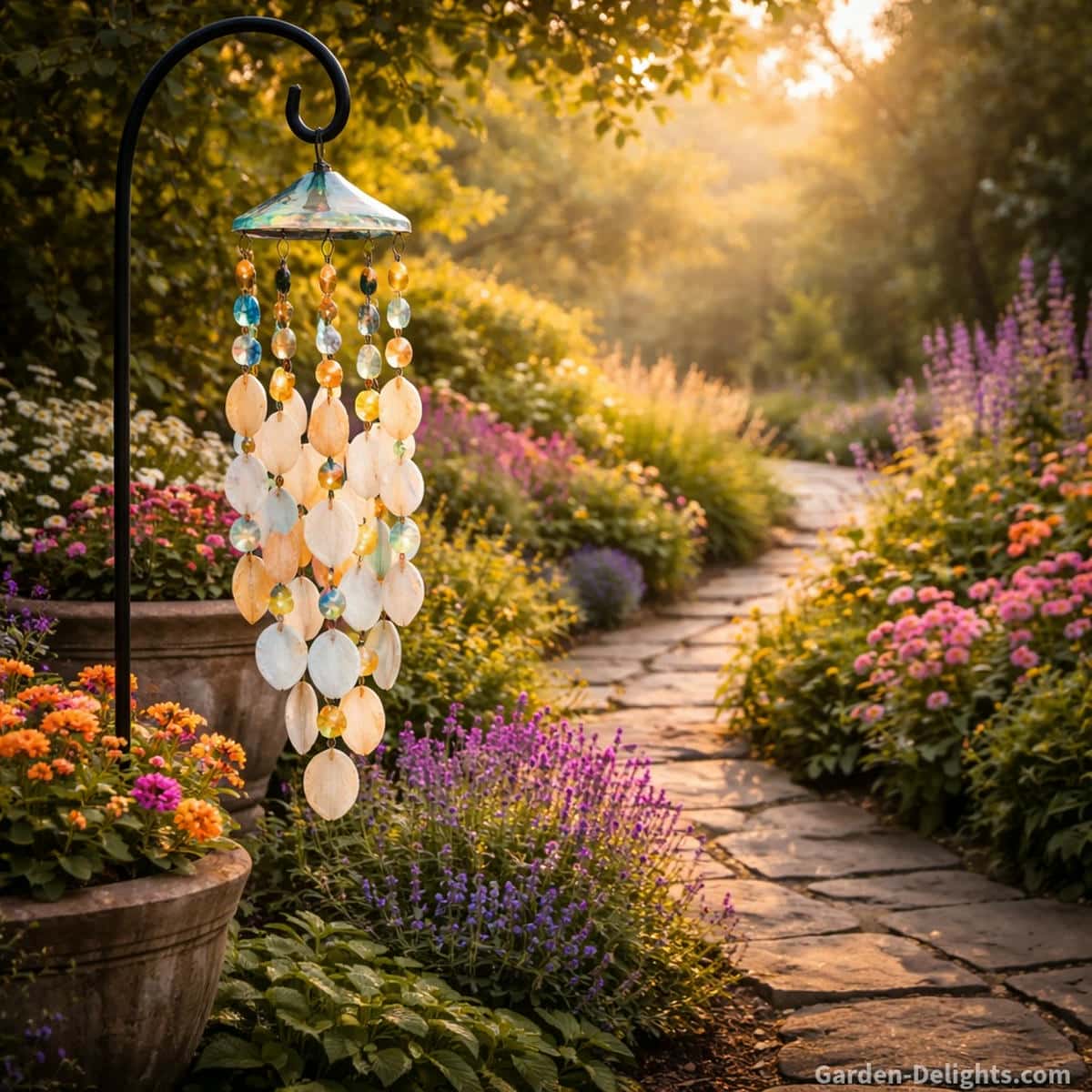 Glass and capiz garden wind chime glowing with soft sunrise light that adds warm color harmony gentle shimmer and peaceful outdoor resonance to flower beds and decorative planters