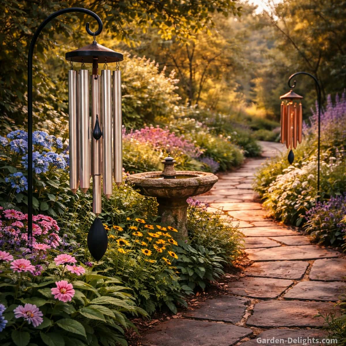 Large and small garden wind chimes along a landscaped pathway with deep tone soft melody and steady airflow movement that enhances flower beds patios and compact outdoor spaces.