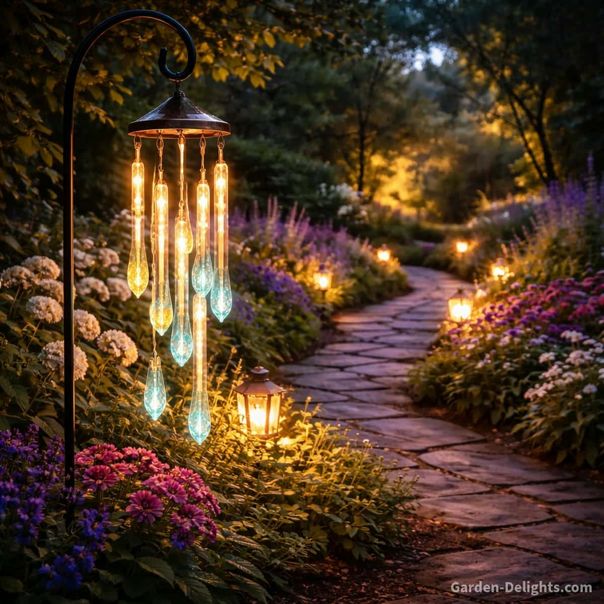 Solar LED garden wind chime glowing softly along a landscaped garden pathway with warm evening light gentle airflow and calm nighttime ambience