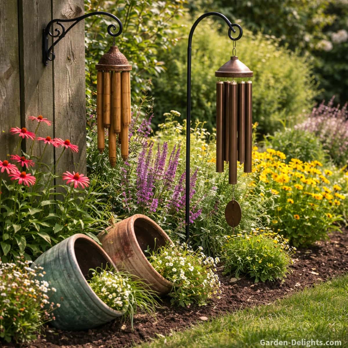 Bronze aluminum wind chime hanging from a tall shepherd’s hook in a blooming garden bed with tilted planters and a carved bamboo wind chime mounted on a decorative fence hook creating guided airflow warm tone and peaceful outdoor movement