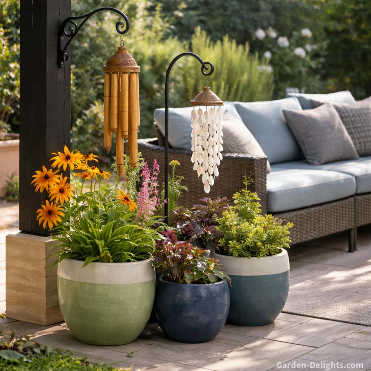 Bamboo and capiz wind chimes hanging from a shepherd’s hook beside clustered patio planters where soft airflow creates gentle tone warm movement and peaceful garden harmony