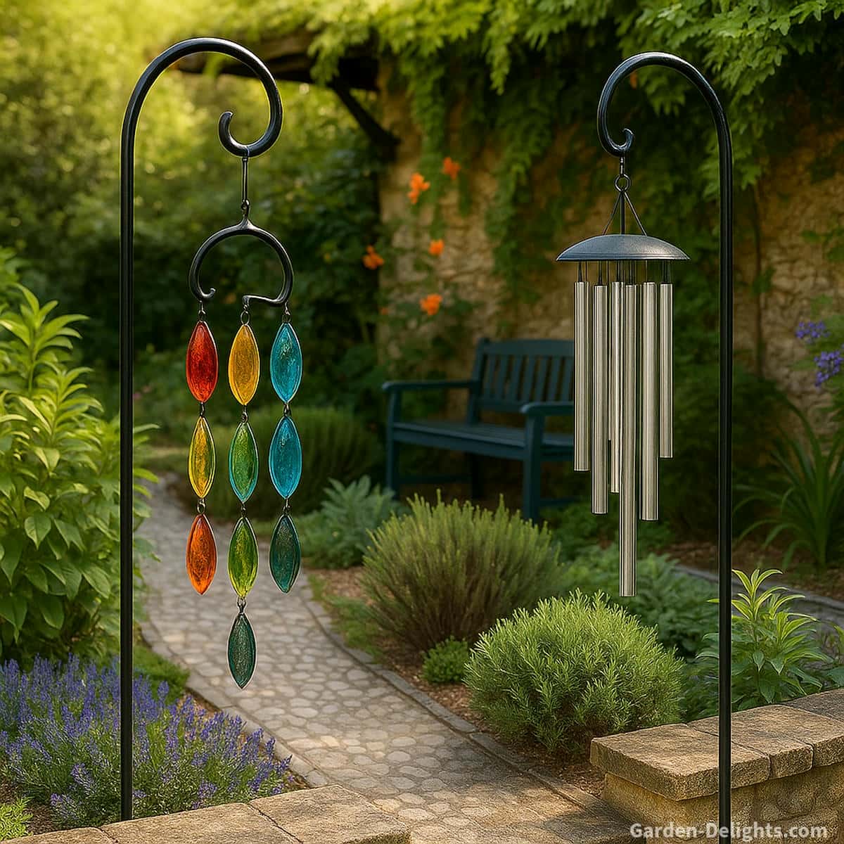 Glass and metal wind chimes placed in ideal Feng Shui scenarios metal enhancing clarity in West zones and glass creating reflective calm in shaded healing corners for balanced Chi flow