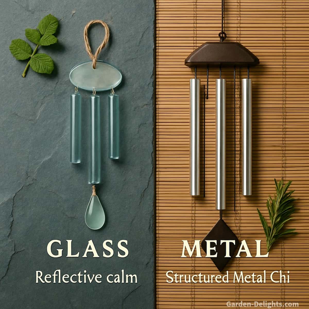 Flat-lay comparison of glass and metal wind chimes illustrating reflective calm energy versus crisp structured Metal Chi for Feng Shui balance