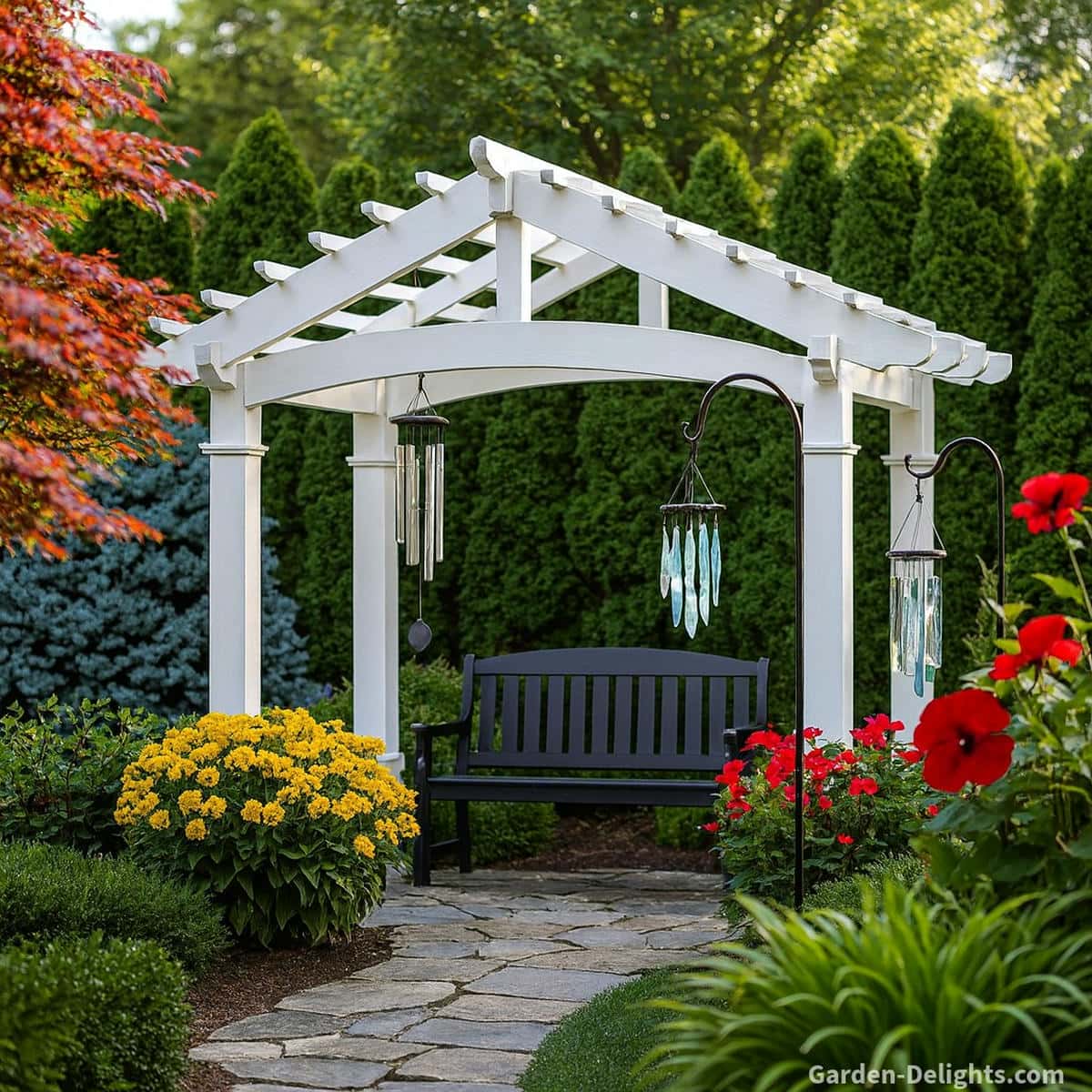 Glass and metal wind chimes hanging from a white pergola above a black garden bench, surrounded by red and yellow flowers with stagnant airflow and muted Chi energy in a shaded garden corner