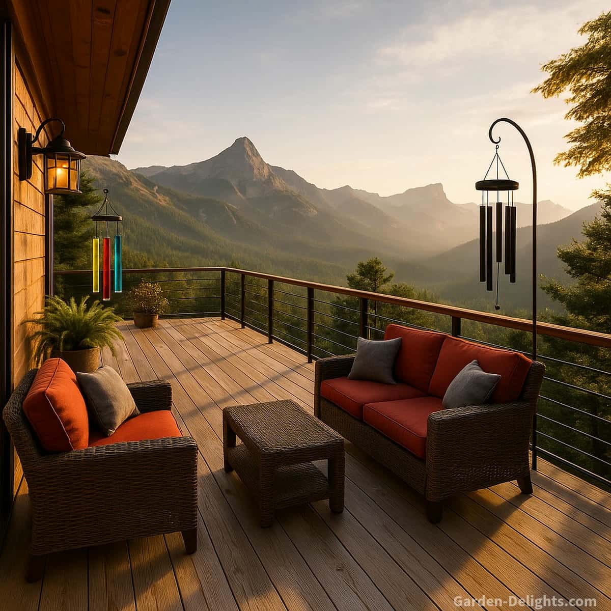 Glass and metal wind chimes displayed on a designer mountain-overlook deck with wicker furniture, red cushions, black metal railing, and golden-hour mountain views showing durability, tone clarity, and symbolic energy in a modern outdoor retreat.