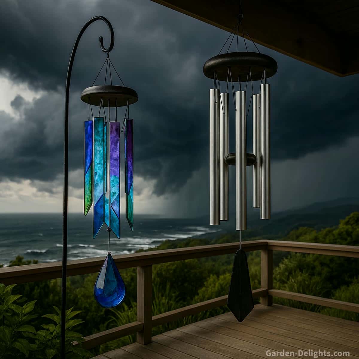 Metal and glass wind chimes swaying on a hilltop deck overlooking stormy coastal winds symbolizing durability contrast, weather performance, and emotional resonance between bright metal tones and shimmering glass melody