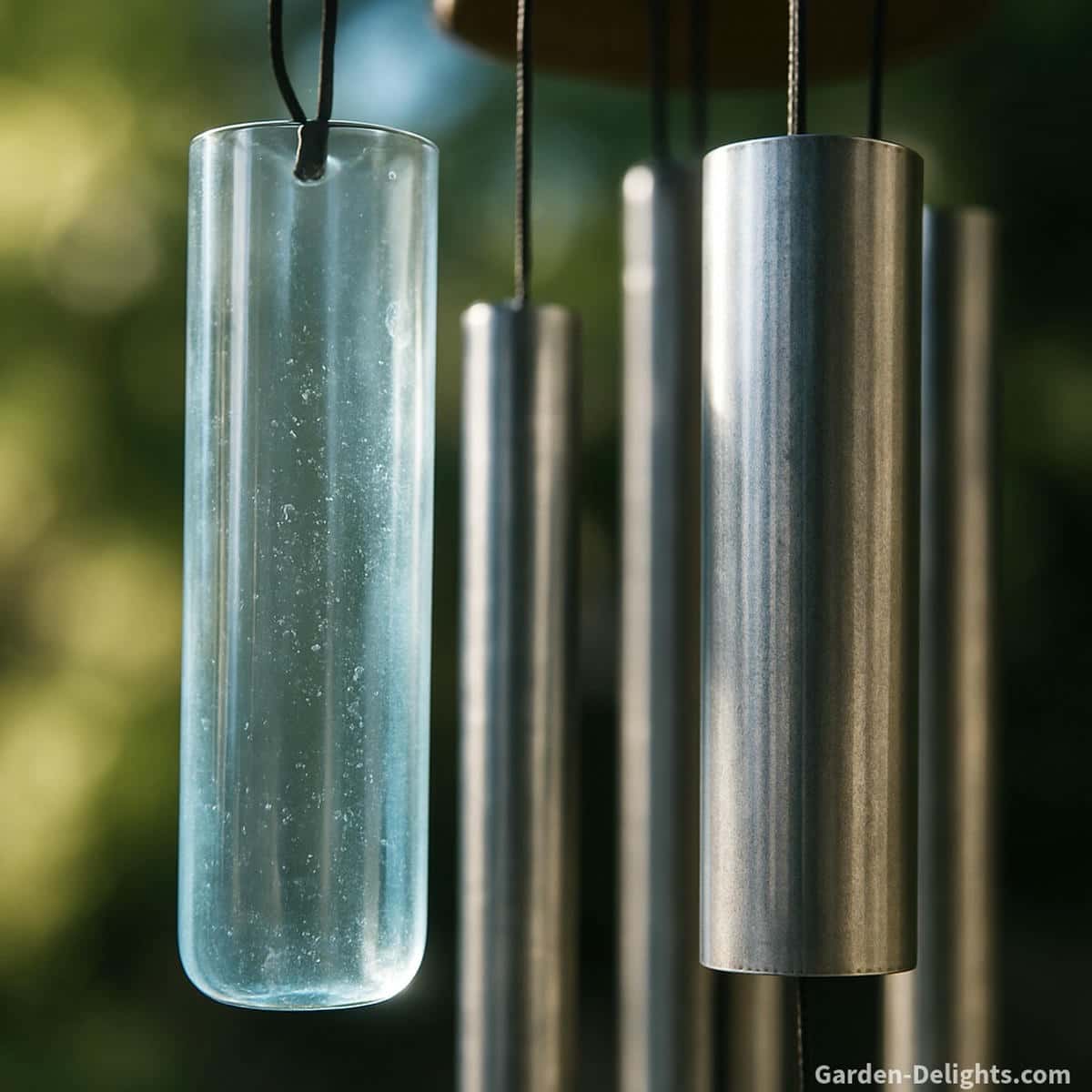 Close view of glass and metal wind chime tubes in sunlight showing micro textures, density contrasts, and real world resonance behavior in outdoor airflow.