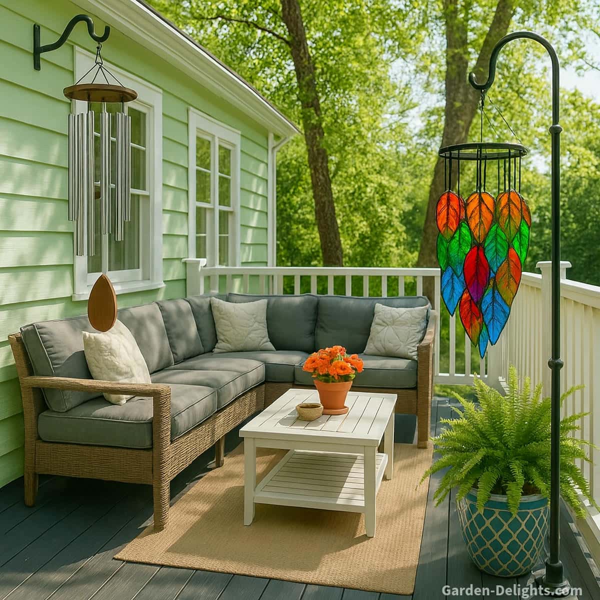Colorful stained-glass leaf wind chime and deep-toned metal wind chime hanging on a mint-green patio with grey wicker seating capturing airflow, contrasting sound qualities, and a peaceful garden setting.