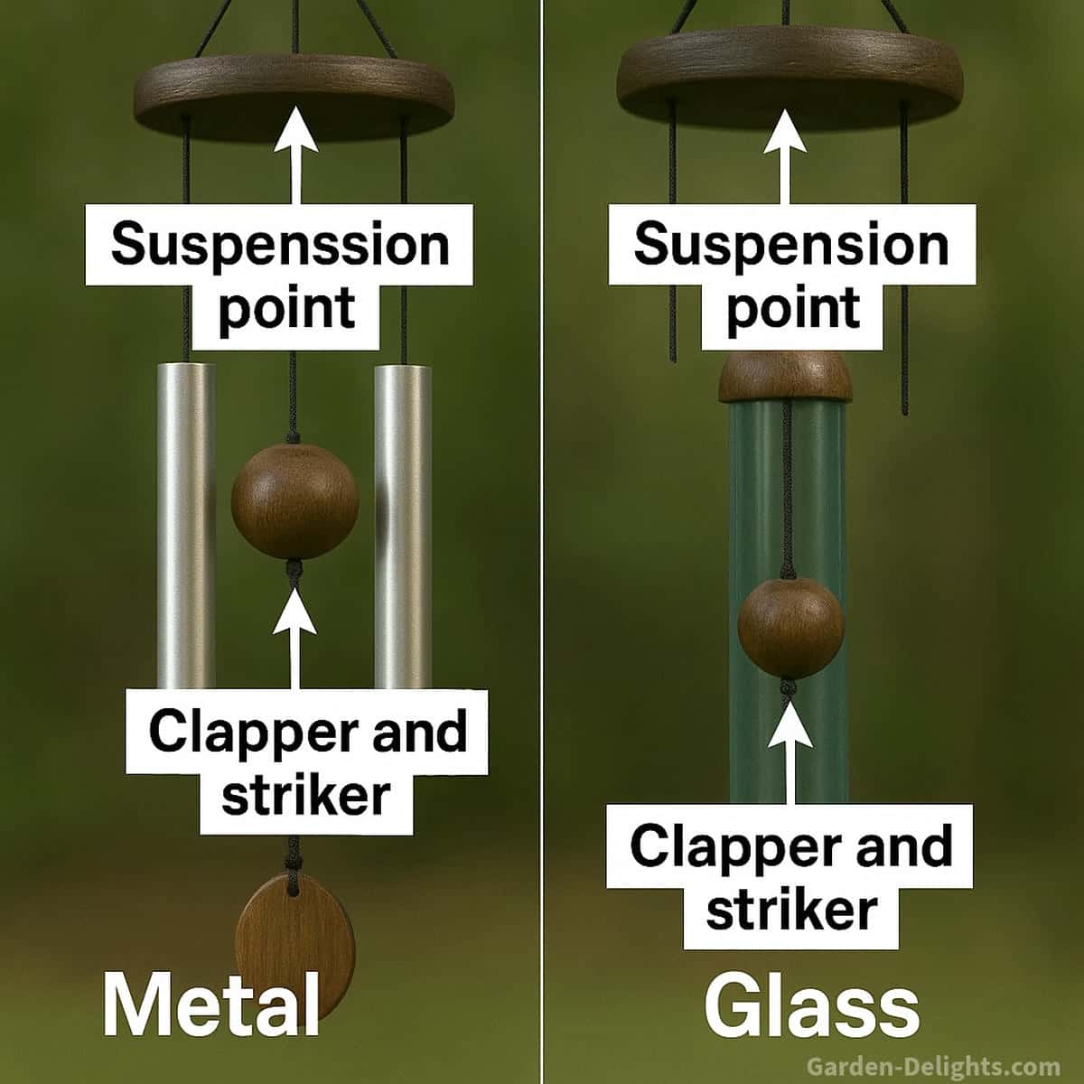 Side by side comparison of a metal wind chime and a glass wind chime with labeled arrows showing the suspension point and the clapper and striker. The metal chime includes silver tubes and the glass chime shows a translucent tube. The diagram highlights how impact, contact, and vibration flow differ between glass and metal wind chimes.