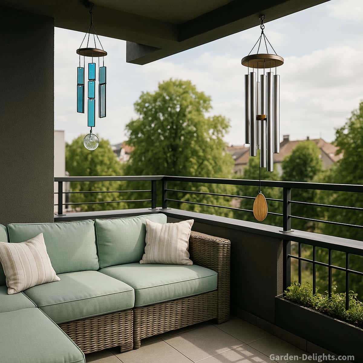 Glass and metal wind chimes hanging from the outer edge of a modern balcony roof glass chimes positioned in a shaded corner for soft, neighbor-friendly resonance, with metal chimes placed in open airflow along the railing for brighter tone clarity. A wicker patio sectional with seafoam green cushions and striped white-and-beige pillows creates a cozy, serene outdoor living space overlooking lush trees.