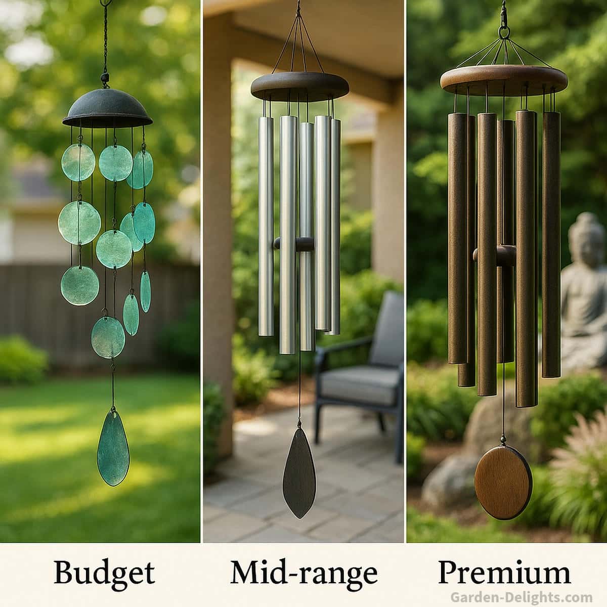 Glass and metal wind chimes displayed across budget, mid-range, and premium outdoor settings small glass chimes glowing in sunlight, mid-range metal chimes resonating on patios, and artisan premium chimes showcased in a serene meditation garden