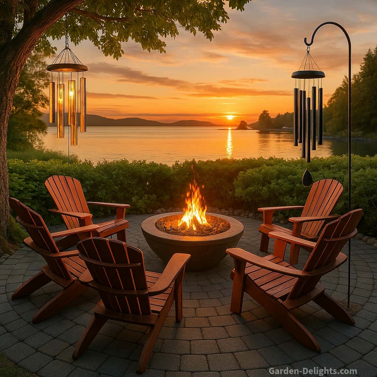 Glass and metal wind chimes glowing behind Adirondack chairs in a warm lakeside firepit setting glass prisms catching sunset colors and metal tubes producing clear evening tones for a balanced sound and style comparison