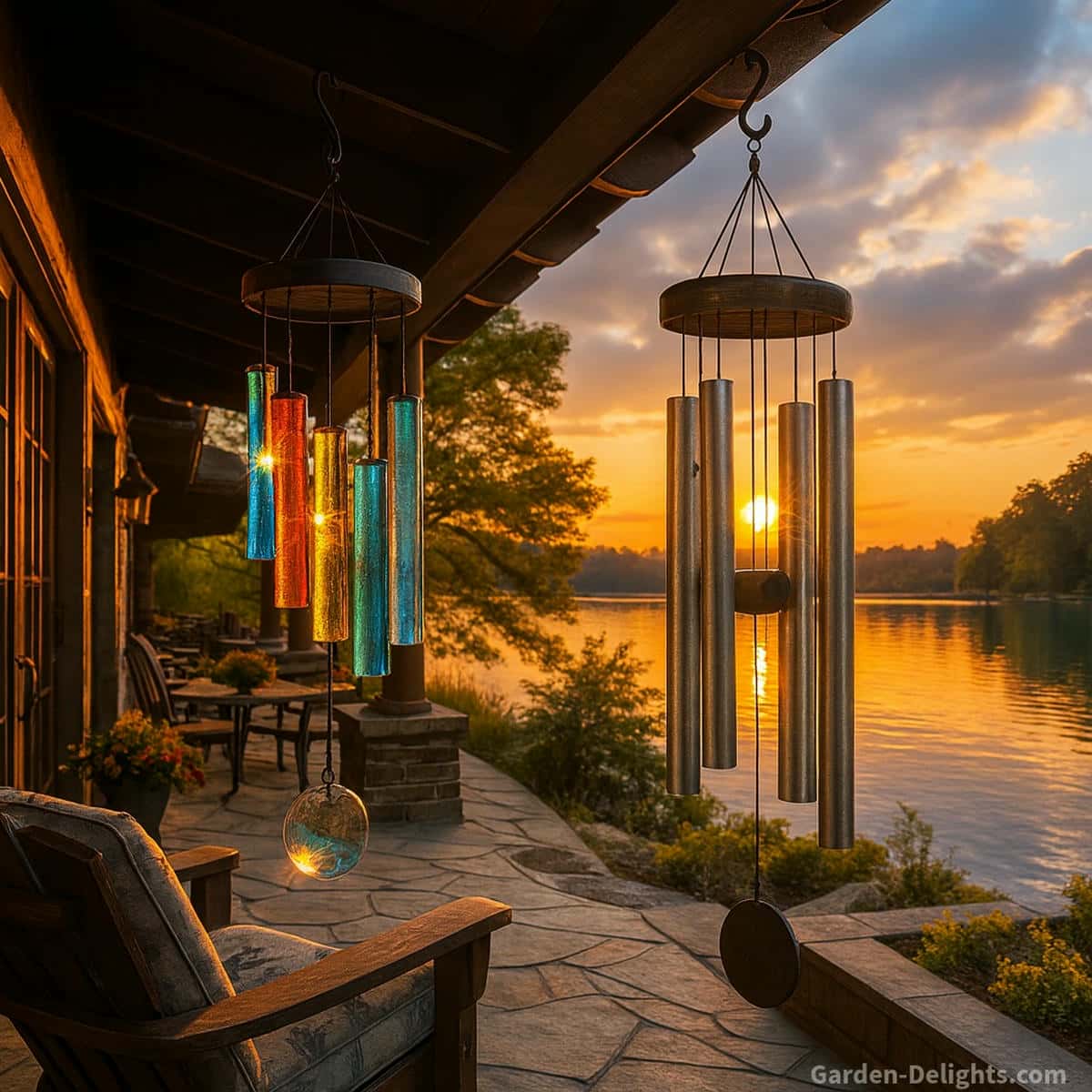 Glass and metal wind chimes hanging from home eaves beside a lakeside patio at sunset glass sparkling with soft color while metal chimes deliver clear resonance along the stone terrace