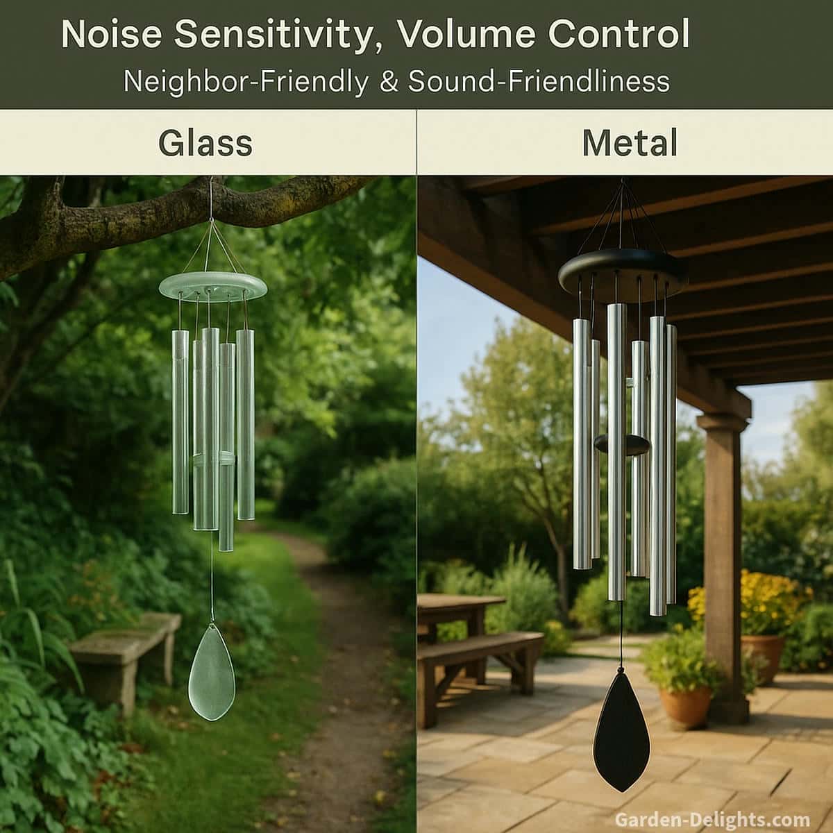 Glass wind chimes producing soft, gentle tones suitable for quiet gardens and apartments, contrasted with metal wind chimes generating brighter, more resonant sound for open-air spaces.