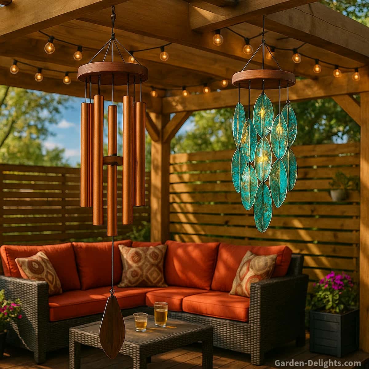 Brushed-silver metal wind chimes and glowing artisan glass chimes hanging from a white pergola above dark wicker seating with gray cushions and white pillows showcasing airflow clarity, soft color diffusion, and ideal wind chime placement for patios and garden retreats.