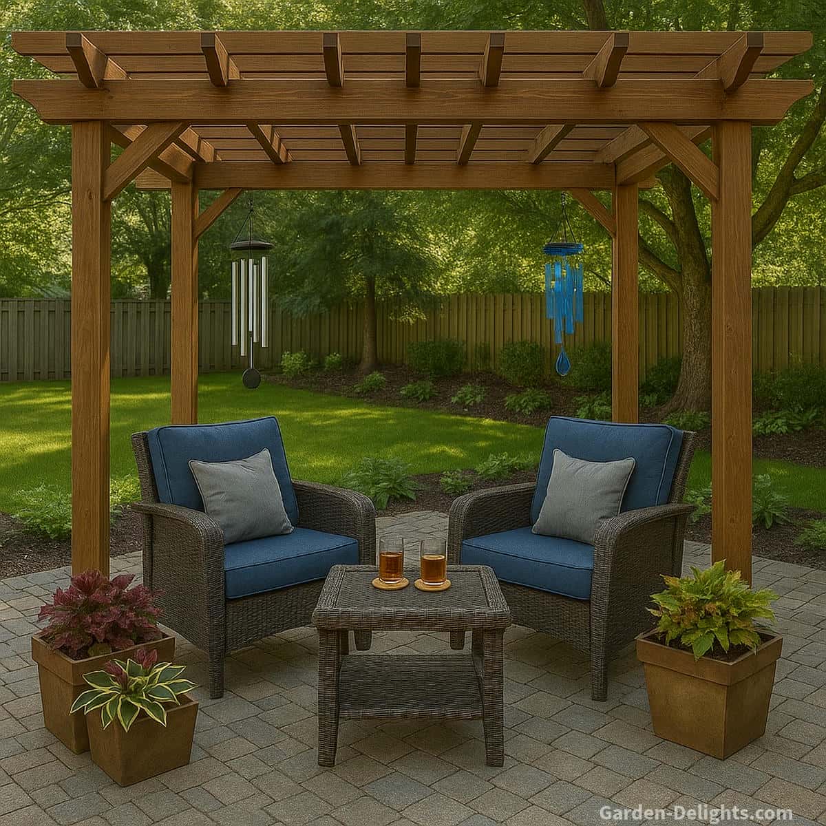 Outdoor pergola with wicker seating, a central table, and two wind chimes metal hanging from one outer beam for bright resonance and glass on the opposite side glowing softly in the shade for calming tone, creating a balanced décor and sound experience.