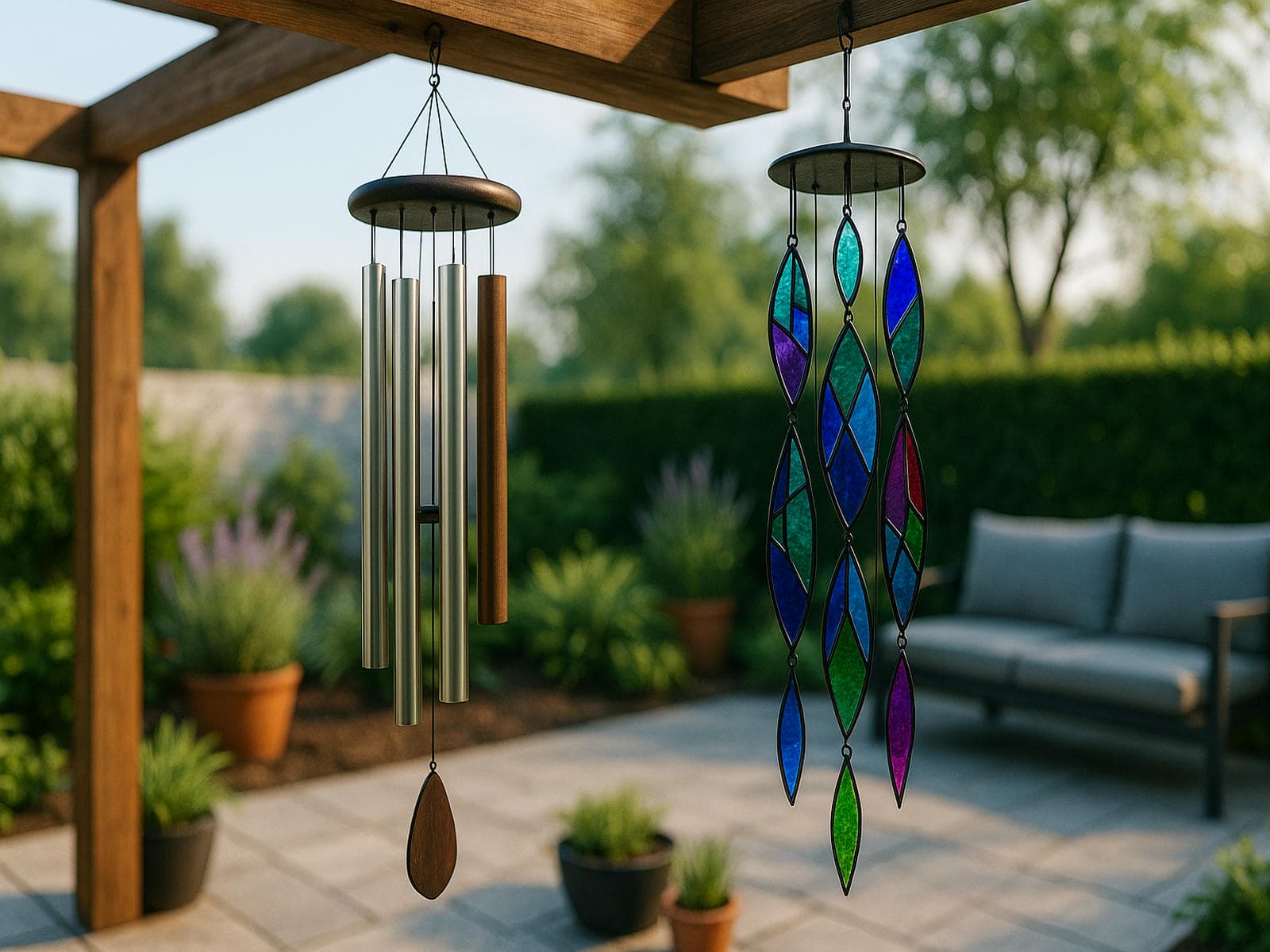 Modern patio with glass and metal wind chimes, polished aluminum and bronze chimes hanging beside stained glass wind chimes in blue, green, and purple geometric designs beside a sleek pergola, potted lavender, rosemary, and a peaceful garden seating area.