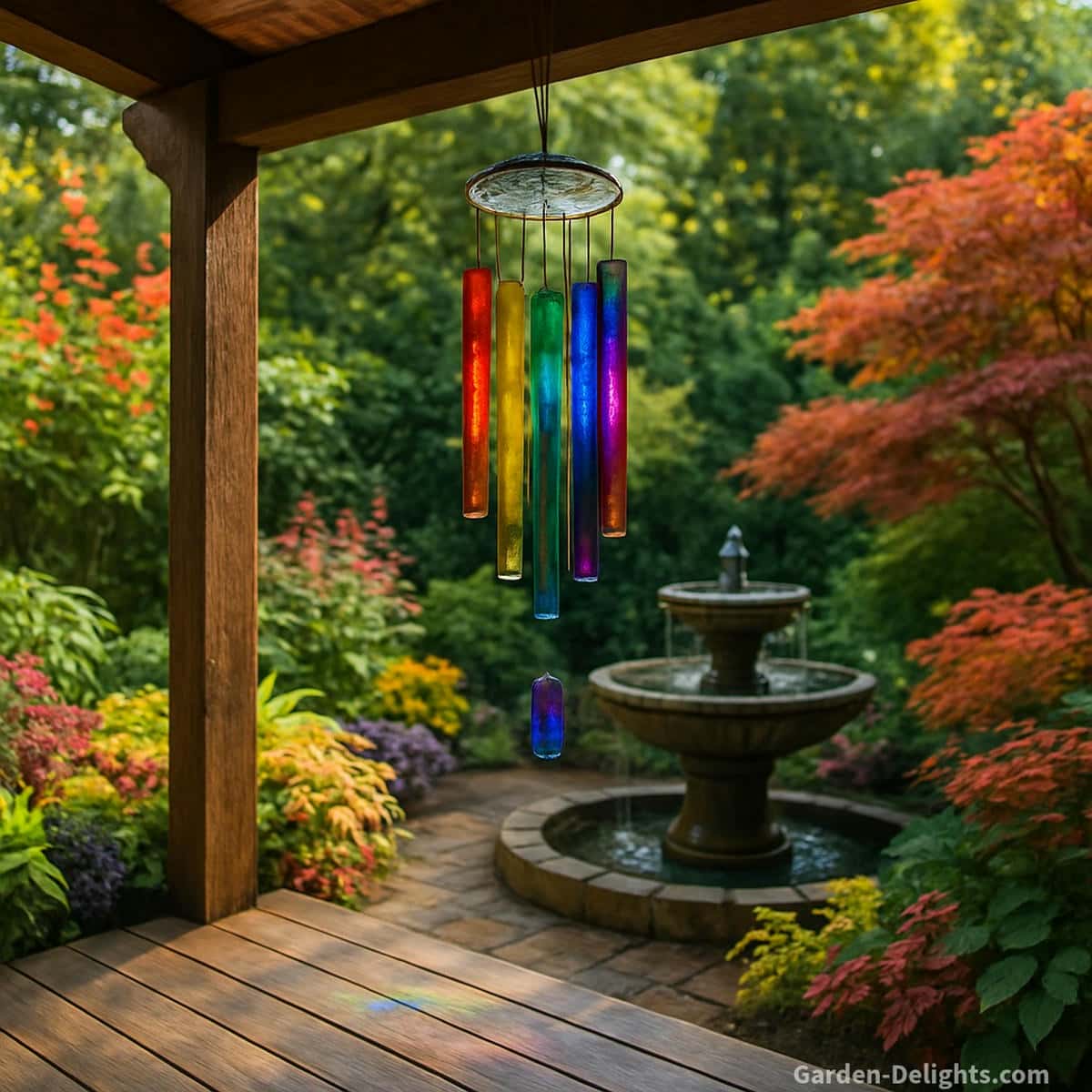 Glass wind chimes hanging beneath a shaded pergola beside a soft-lit garden deck with stone fountains and colorful foliage symbolizing luminous resonance, artistic energy, and weather-protected outdoor durability for decorative glass chimes.