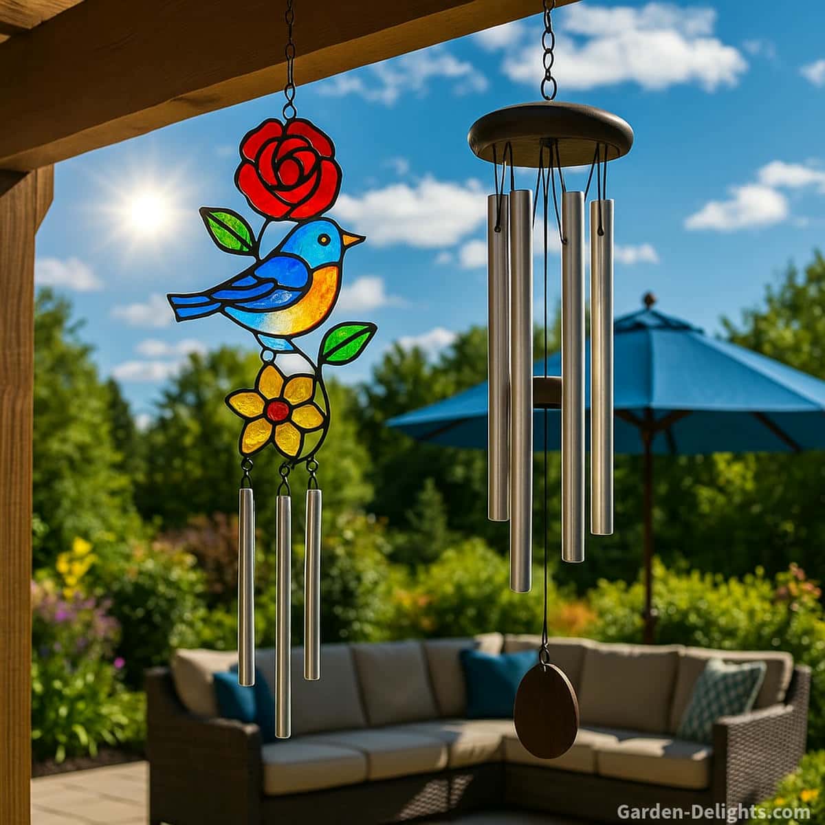 Stained-glass bluebird wind chime glowing beside polished metal tubes on a sunny garden patio symbolizing bright glass clarity, deep metal resonance, airflow movement, and a balanced outdoor soundscape.