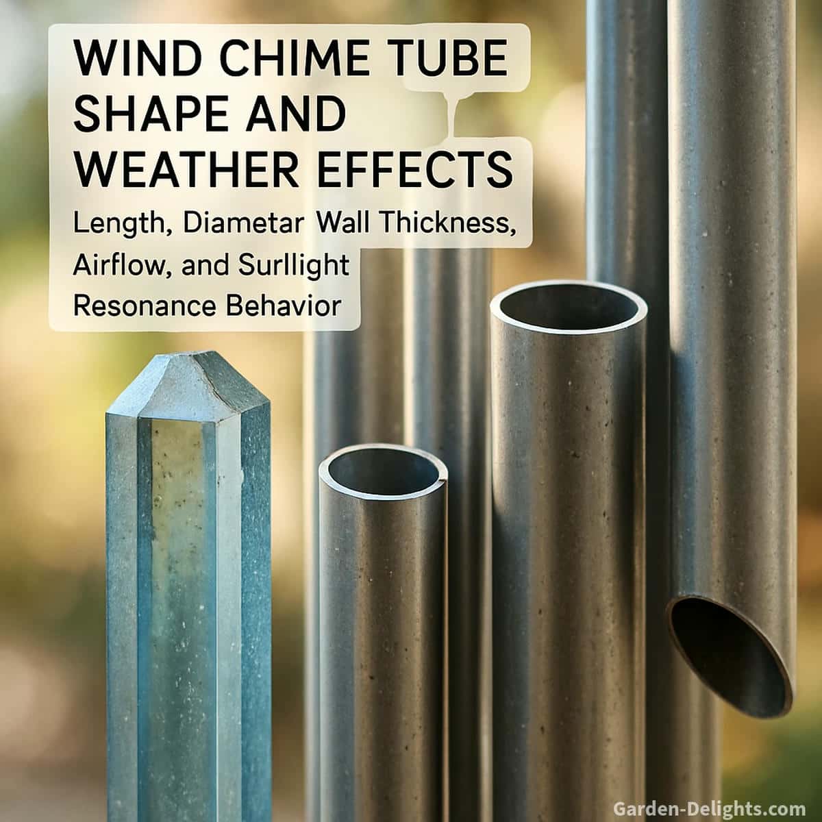 Macro view of glass and metal wind chime tubes showing varying lengths, diameters, and faceted shapes with sunlight, airflow, and moisture interacting across the surface to change outdoor tone and resonance.