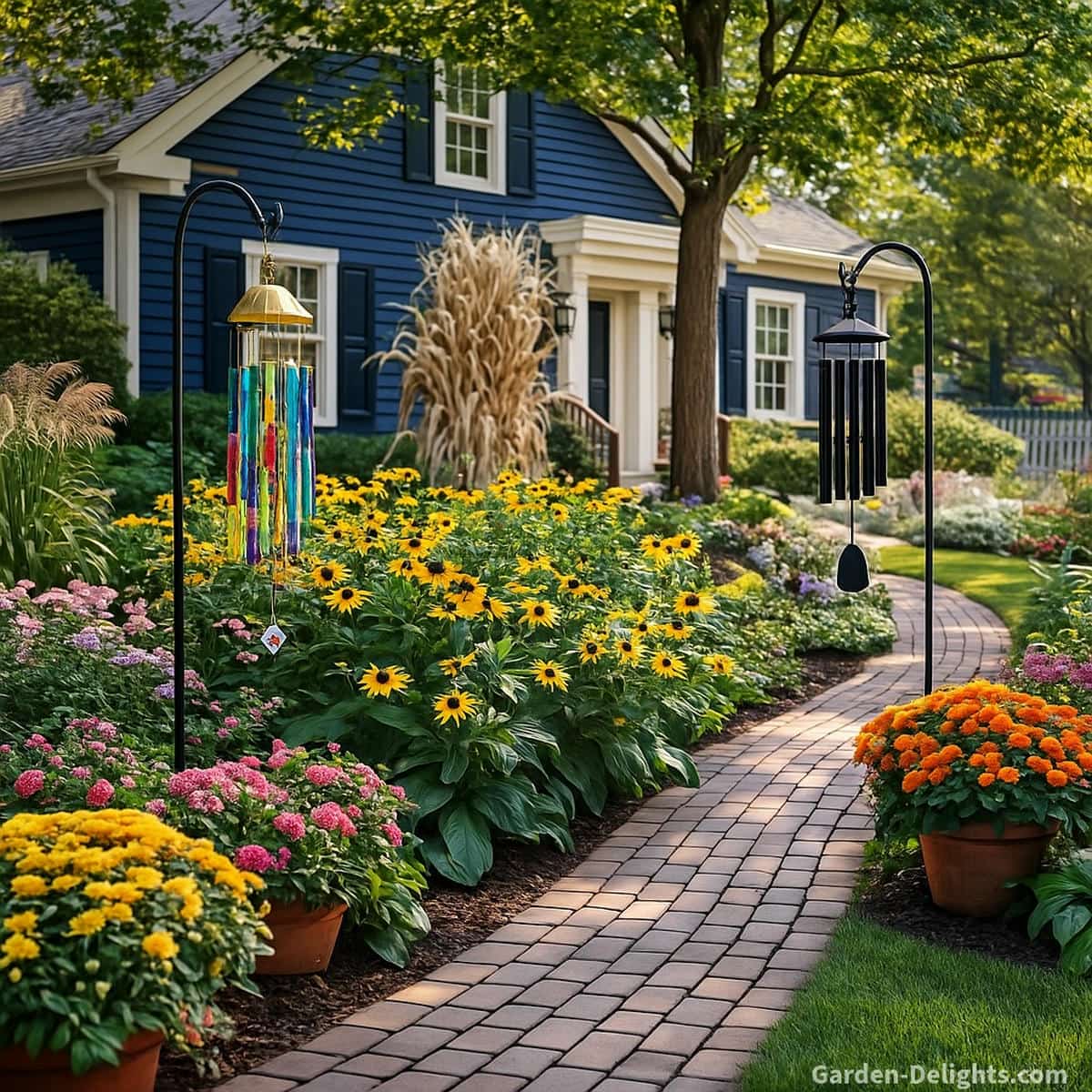 Glass and metal wind chimes hanging from shepherd’s hooks in a vibrant front garden glass chimes glowing with multicolor light under soft tree shade and metal chimes standing in full sun for maximum durability, showing seasonal climate behavior and long-term outdoor resilience