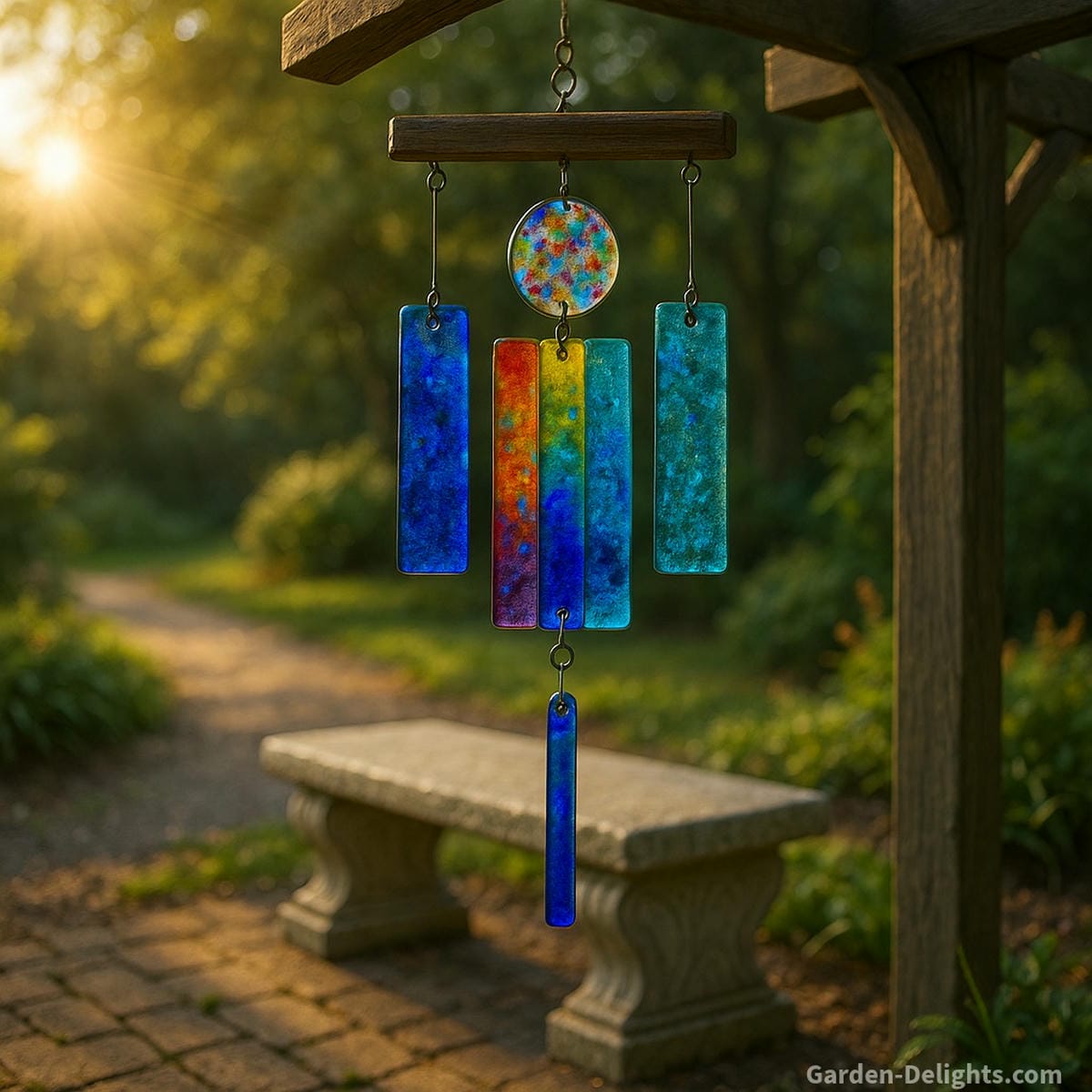 Fused glass wind chimes hanging from a wooden arbor near a memorial stone bench, catching afternoon sun symbolizing remembrance, clarity, spiritual healing, and artisan elegance