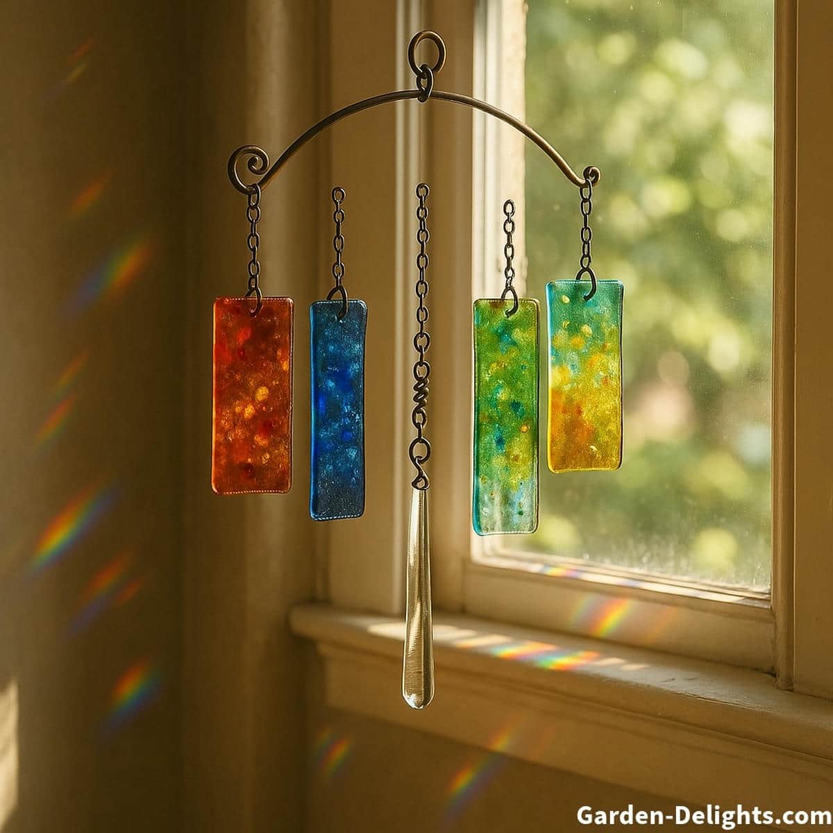 Handcrafted glass wind chimes in a bright sunlit window, casting vibrant color reflections and creating soothing melodic tones for indoor serenity and peaceful garden décor.