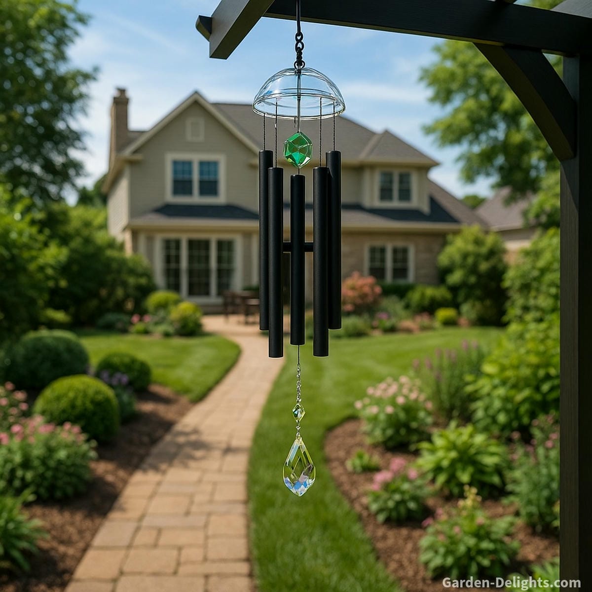 Glass wind chimes with crystal accent and black tubes hanging in a backyard garden, symbolizing Feng Shui balance, emotional clarity, and spiritual resonance