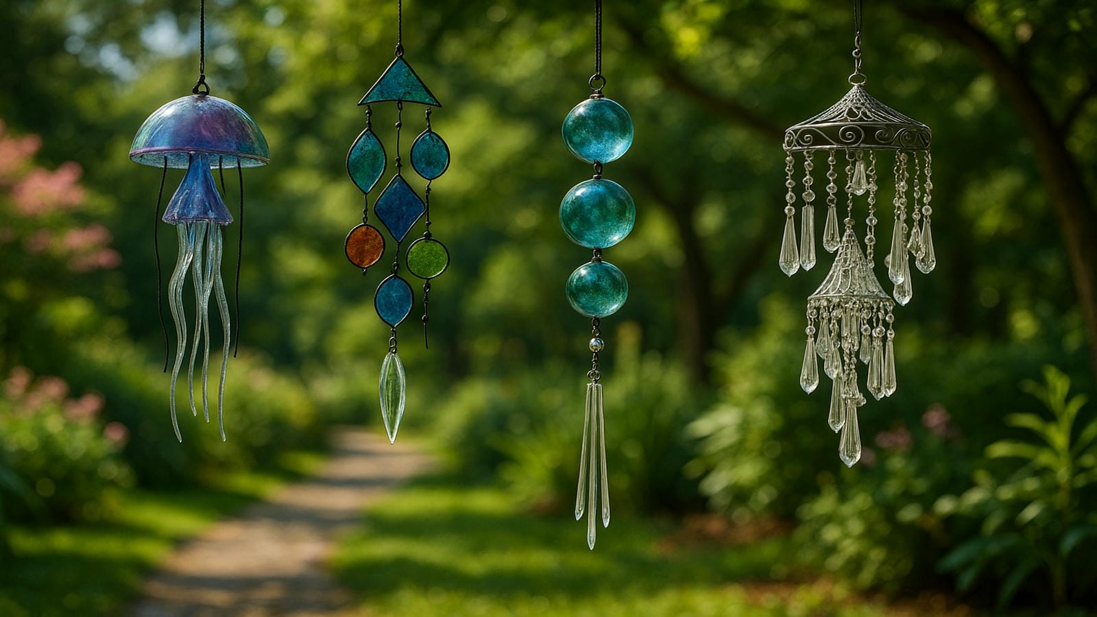 Handmade glass wind chimes in multiple designs stained-glass panels, crystal-accented spheres, jellyfish-themed chimes, and chandelier-style glass creations swaying in a tranquil outdoor garden. These artistic wind chimes reflect sunlight, radiate symbolic meaning, and bring calming sound, memorial comfort, and spiritual ambiance to patios, meditation spaces, and healing gardens.