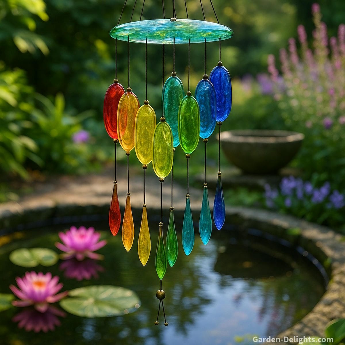 Colorful glass wind chimes suspended above a Zen water feature in a garden of lotus and lavender symbolizing healing vibrations, emotional balance, and artistic spirituality