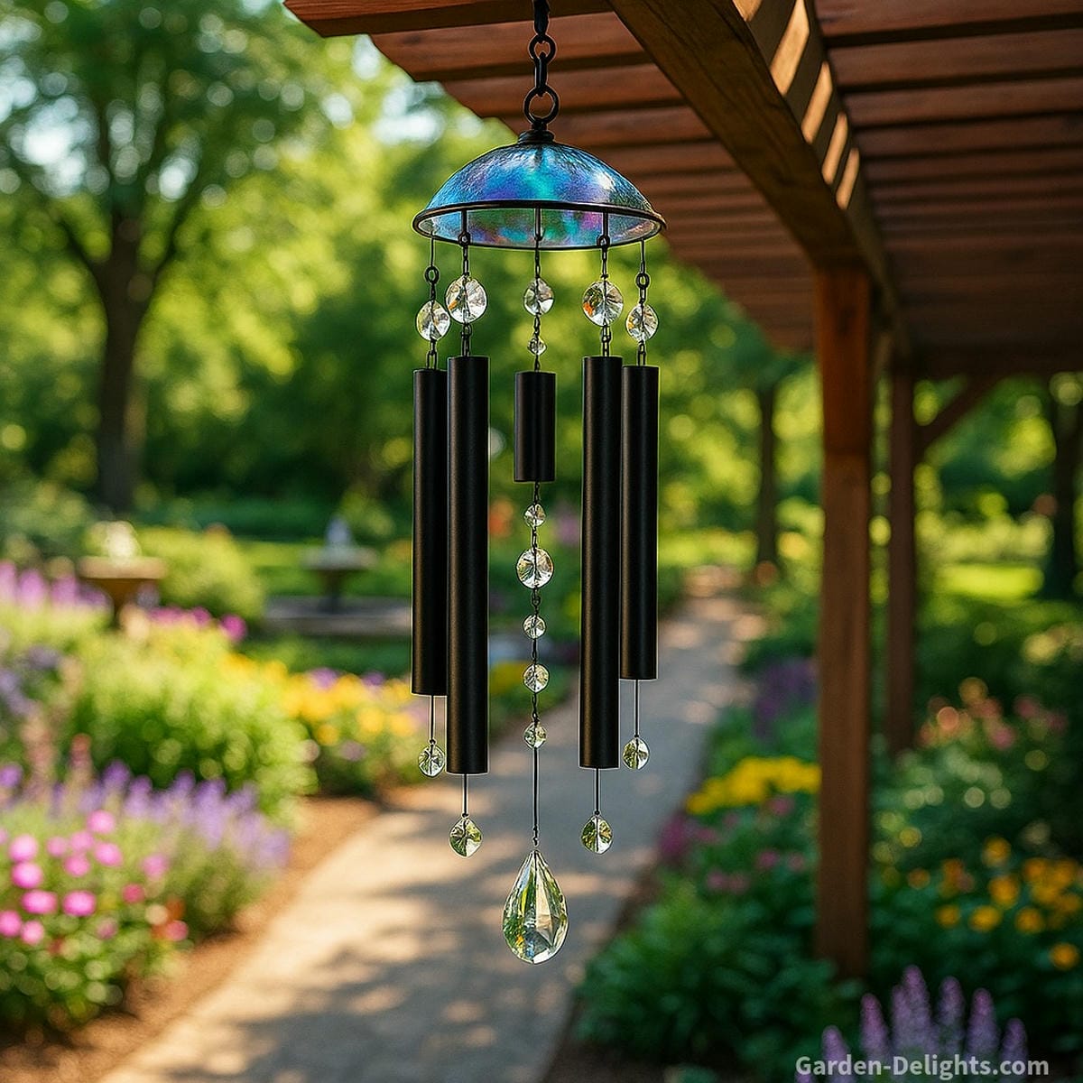Glass wind chimes with black metal tubes and crystal accents hanging from a garden pergola overlooking a backyard walkway symbolizing emotional clarity, chakra energy balance, and radiant spiritual transformation