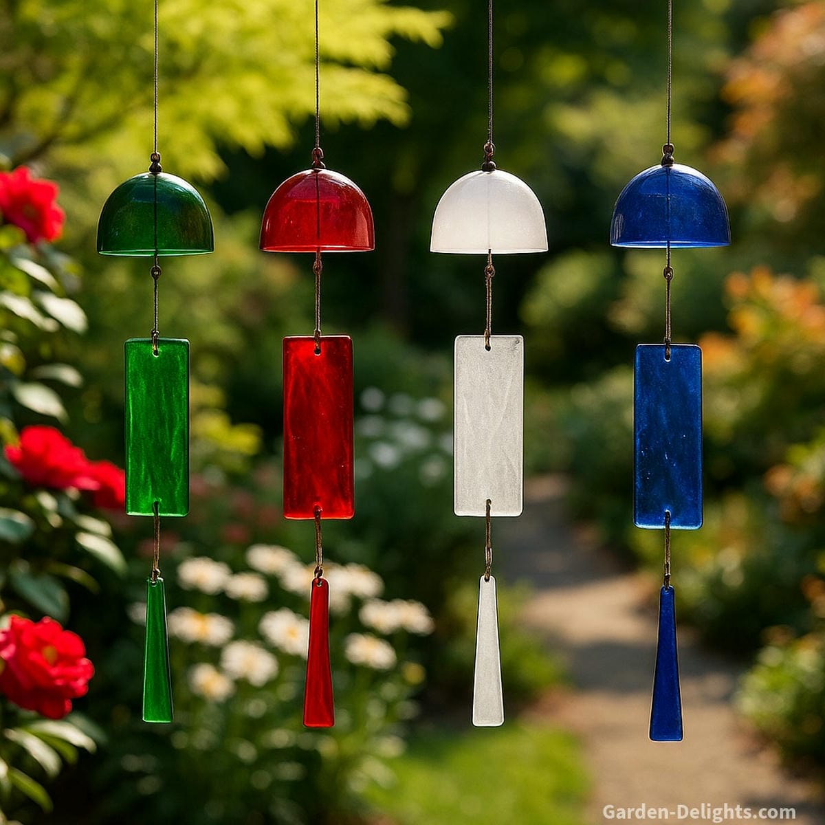 Glass wind chimes arranged in Feng Shui directions with symbolic colors green for health, red for love, white for peace, and blue for wisdom casting light across seasonal gardens and sacred spaces