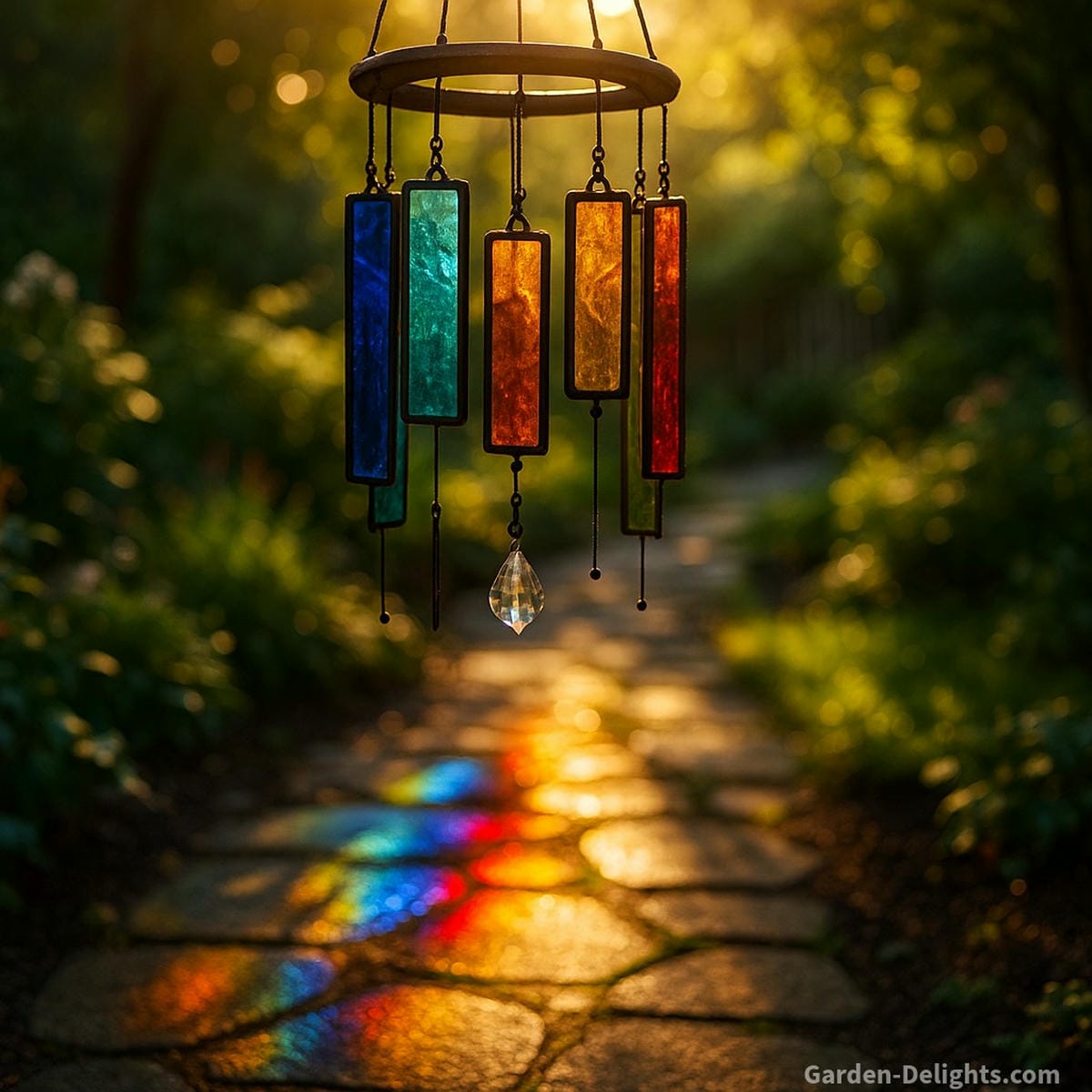 glass wind chimes glowing in sunlight