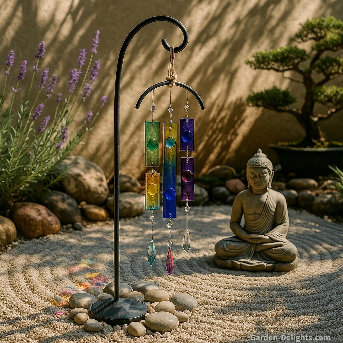 Glass wind chimes with rainbow-colored fused panels suspended from a wrought iron arc in a Zen rock garden symbolizing emotional healing, mindful placement, and spiritual clarity through light and tone