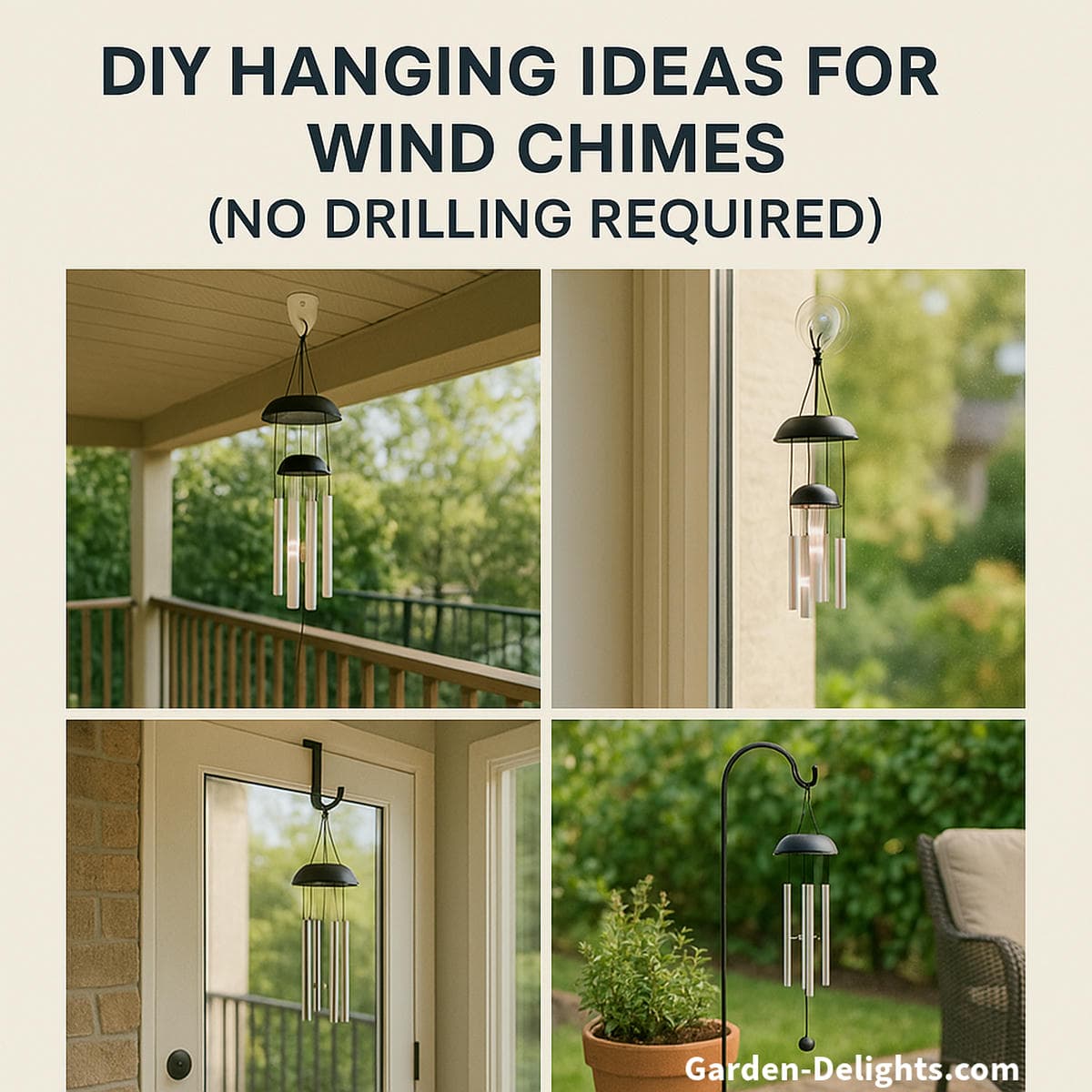 Wind chimes displayed on balconies and patios using no-drill mounts like magnetic ceiling hooks, over-door brackets, garden poles, and suction hangers ideal for renters, Feng Shui zones, and small space harmony