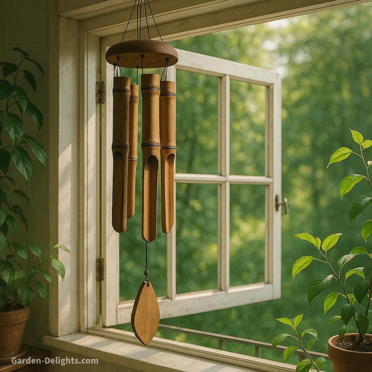 Single bamboo Feng Shui wind chime hanging near an open window with morning light filtering through green plants symbolizing Chi flow, emotional clarity, and wealth activation through harmonious placement