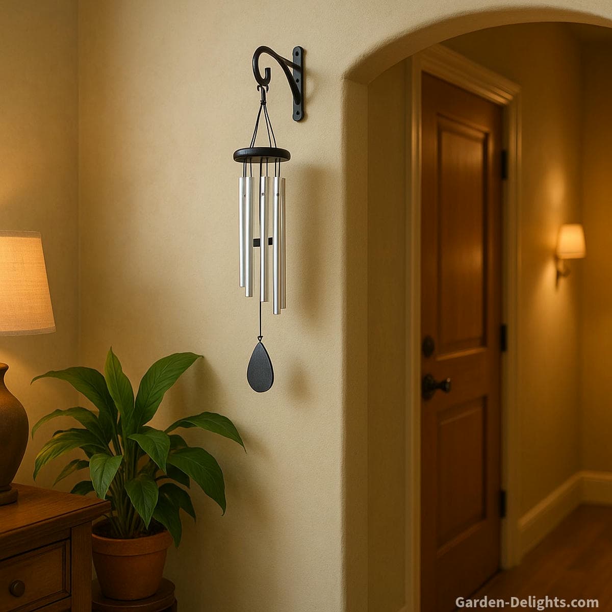 Single aluminum indoor wind chime hanging near a softly lit doorway with plants and warm tones symbolizing Feng Shui Chi flow, Metal element clarity, and peaceful energy alignment within the home