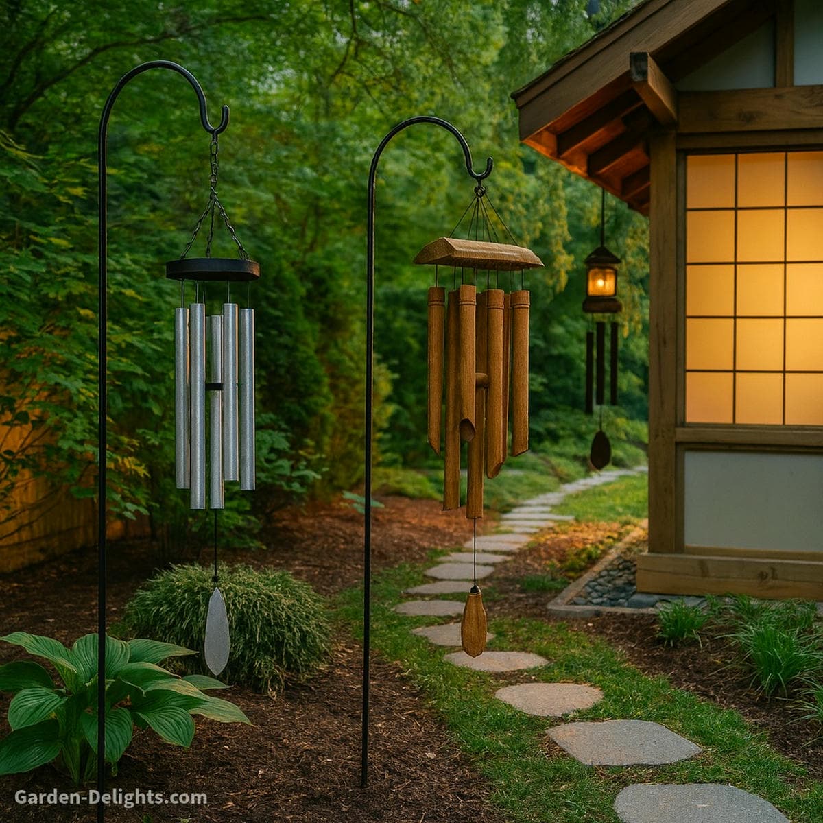 Aluminum, bamboo, and solar wind chimes hung at varying Feng Shui heights along a serene garden pathway symbolizing balanced Chi flow, harmonic sound elevation, and visual energy alignment for outdoor tranquility and prosperity