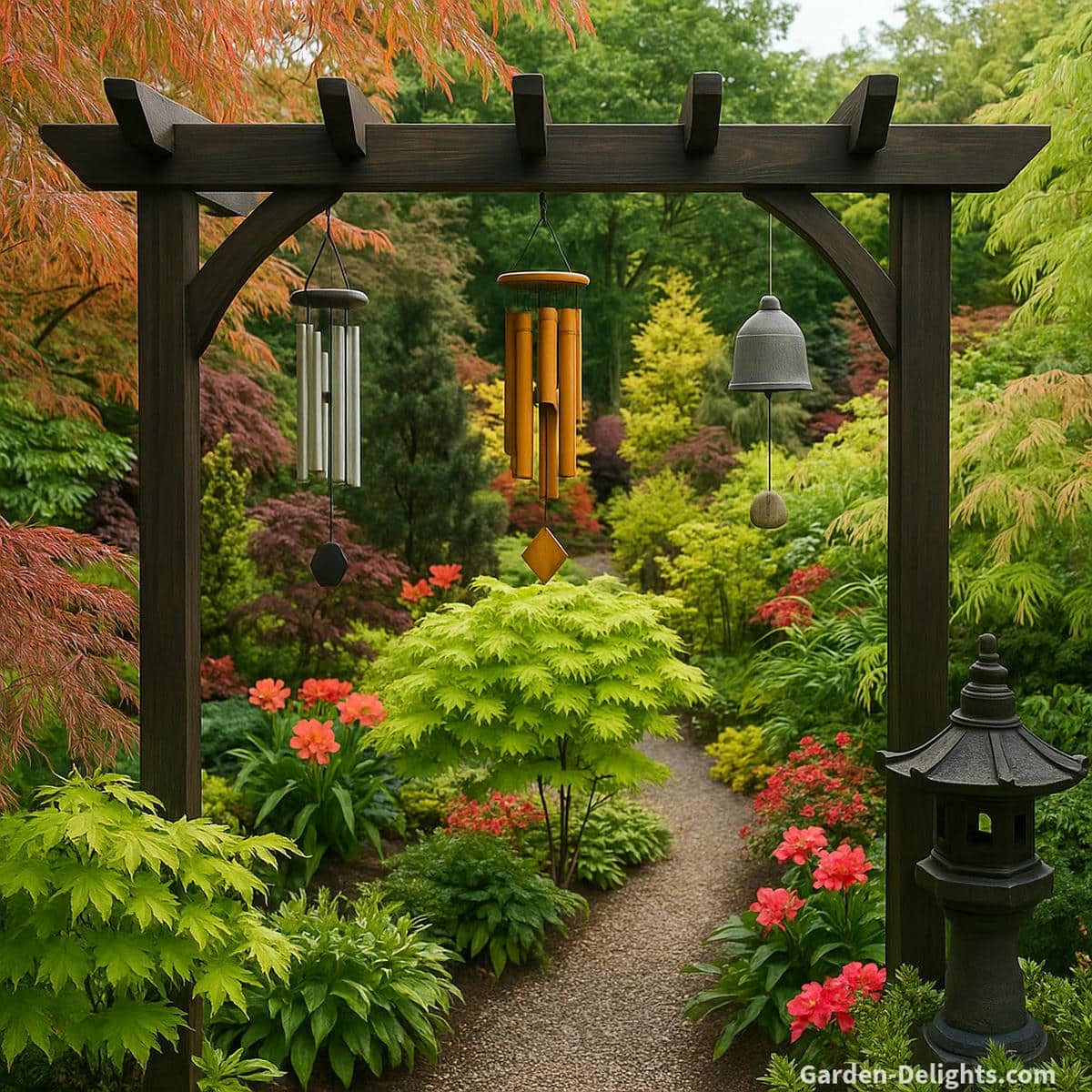 Three symbolic Feng Shui wind chimes made of aluminum, bamboo, and ceramic hanging from a dark wood pergola over a tranquil garden pathway symbolizing Metal for clarity, Wood for growth, and Earth for grounding energy and emotional healing