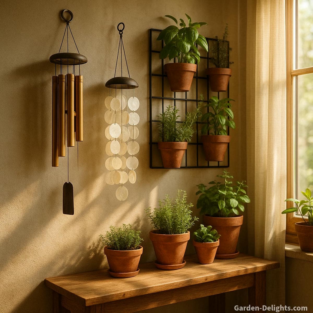 Minimalist bamboo and Capiz wind chimes hanging beside a vertical garden wall with potted herbs and warm filtered sunlight symbolizing Feng Shui calm, vertical harmony, and acoustic serenity in small indoor living spaces